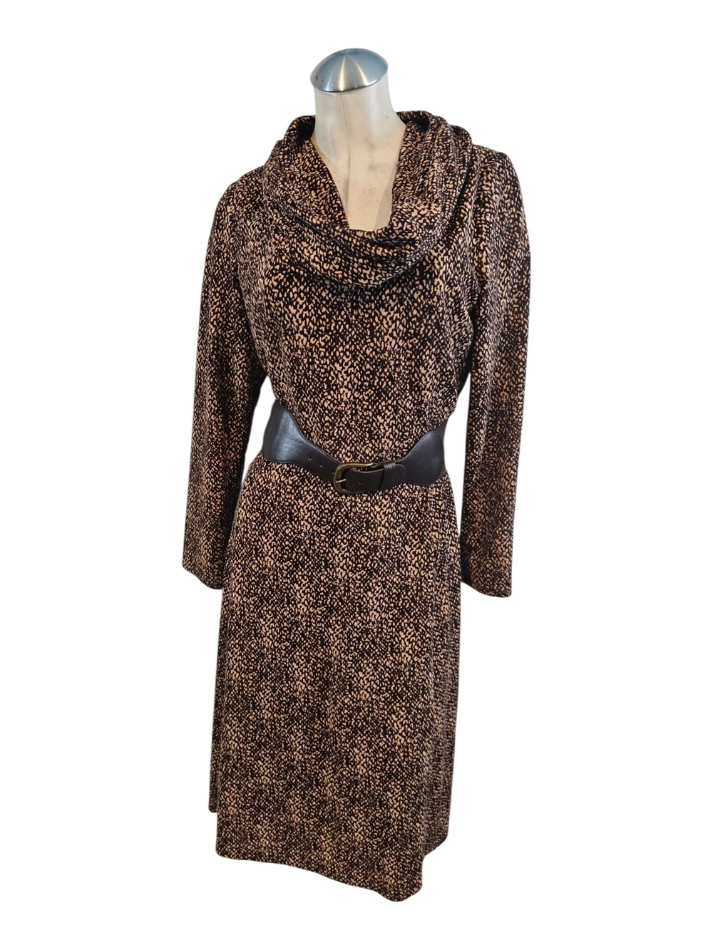 Christopher & Banks Brown Tan Belted Cowl-Neck Long Sleeve Dress